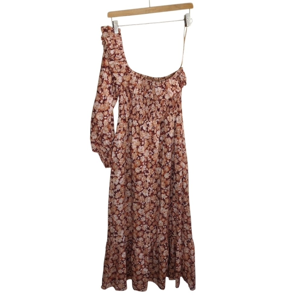 Sofie The Label Brown Floral One Shoulder Ruffle Boho Midi Dress Size Small - Picture 8 of 9